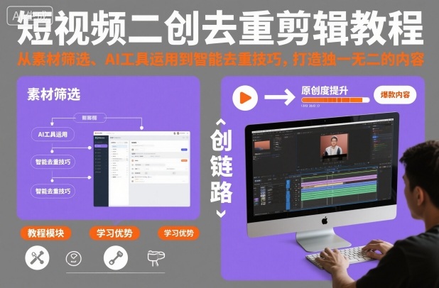短视频二创去重剪辑教程，从素材筛选、AI工具运用到智能去重技巧，打造独一无二的内容-鸿图网创