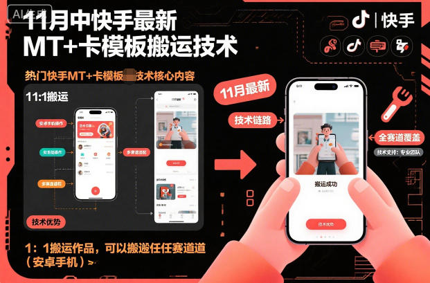 11月中快手最新MT+卡模板搬运技术，1：1搬运作品，可以搬运任何赛道(安卓手机)-鸿图网创