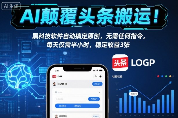 AI颠覆头条搬运！黑科技软件自动搞定原创，无需任何指令。每天仅需半小时，稳定收益3张【揭秘】-鸿图网创