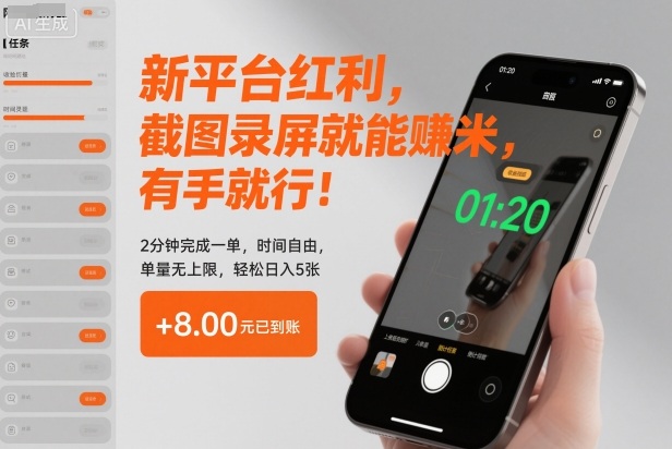 新平台红利，截图录屏就能賺米，有手就行！2分钟完成一单，时间自由，单量无上限，轻松日入5张【揭秘】-鸿图网创
