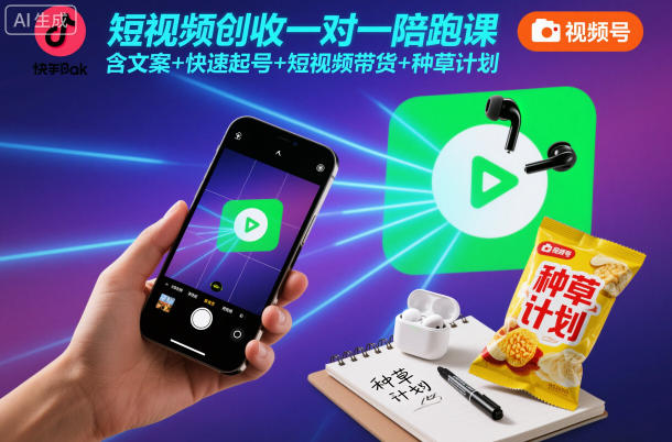 短视频创收一对一陪跑课，含文案+快速起号+短视频带货+种草计划-鸿图网创