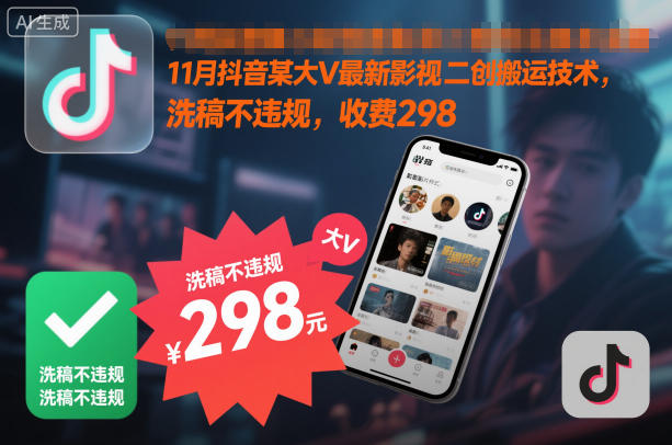 11月抖音某大V最新影视二创搬运技术，洗稿不违规，收费298-鸿图网创