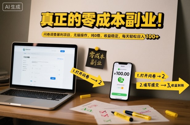 真正的零成本副业！问卷调查暴利项目，无脑操作，纯0撸，收益稳定，每天轻松日入100+【揭秘】-鸿图网创