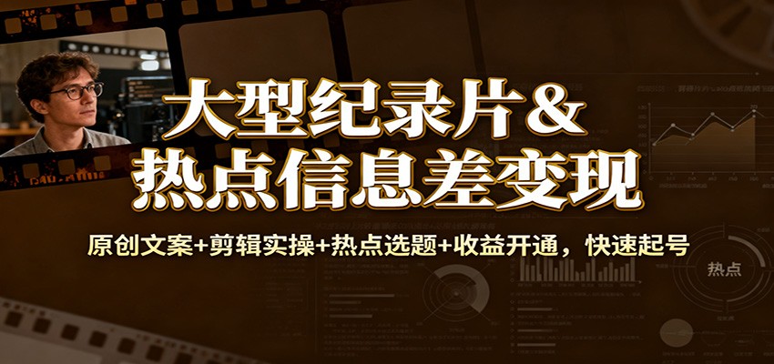 大型纪录片&热点信息差变现：原创文案+剪辑实操+热点选题+收益开通，快速起号-鸿图网创