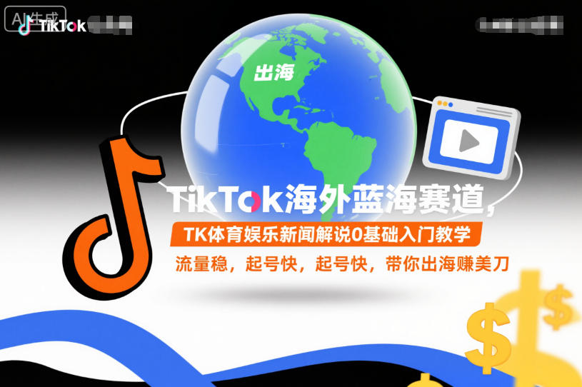 TikTok海外蓝海赛道，TK体育娱乐新闻解说0基础入门教学，流量稳，起号快，带你出海賺美刀-鸿图网创