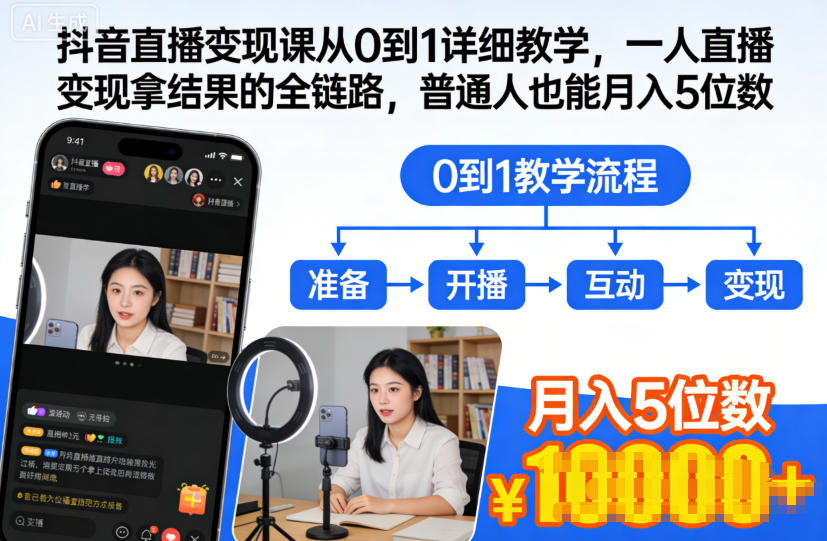 抖音直播变现课从0到1详细教学，一人直播变现拿结果的全链路，普通人也能月入5位数-鸿图网创