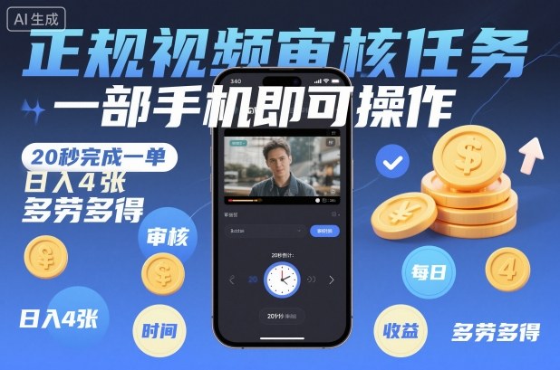 正规视频审核任务，一部手机即可操作，20秒完成一单，日入4张，多劳多得【揭秘】-鸿图网创