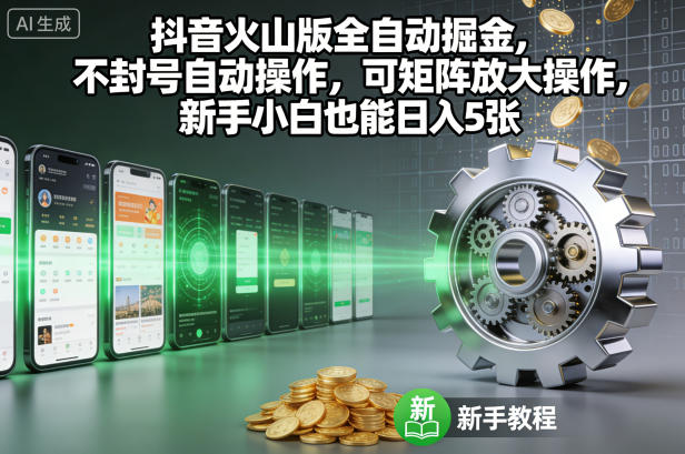 抖音火山版全自动掘金，不封号自动操作，可矩阵放大操作，新手小白也能日入5张【揭秘】-鸿图网创