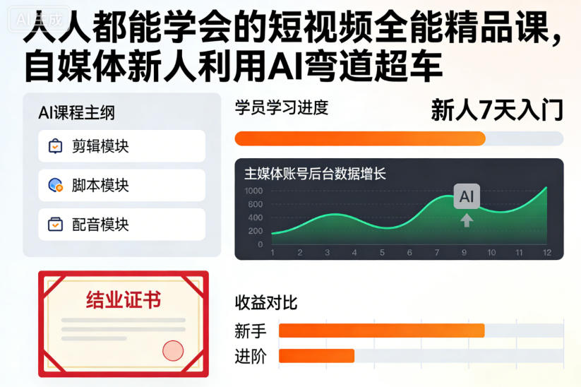 人人都能学会的短视频全能精品课，自媒体新人利用AI弯道超车-鸿图网创