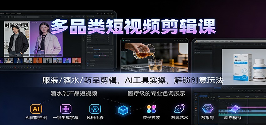 多品类短视频剪辑课：服装/酒水/药品剪辑，AI工具实操，解锁创意玩法-鸿图网创