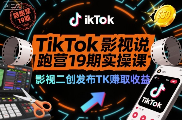 TikTok影视解说陪跑营19期实操课，影视二创发布TK賺取收益，万播收益50美金(更新)-鸿图网创