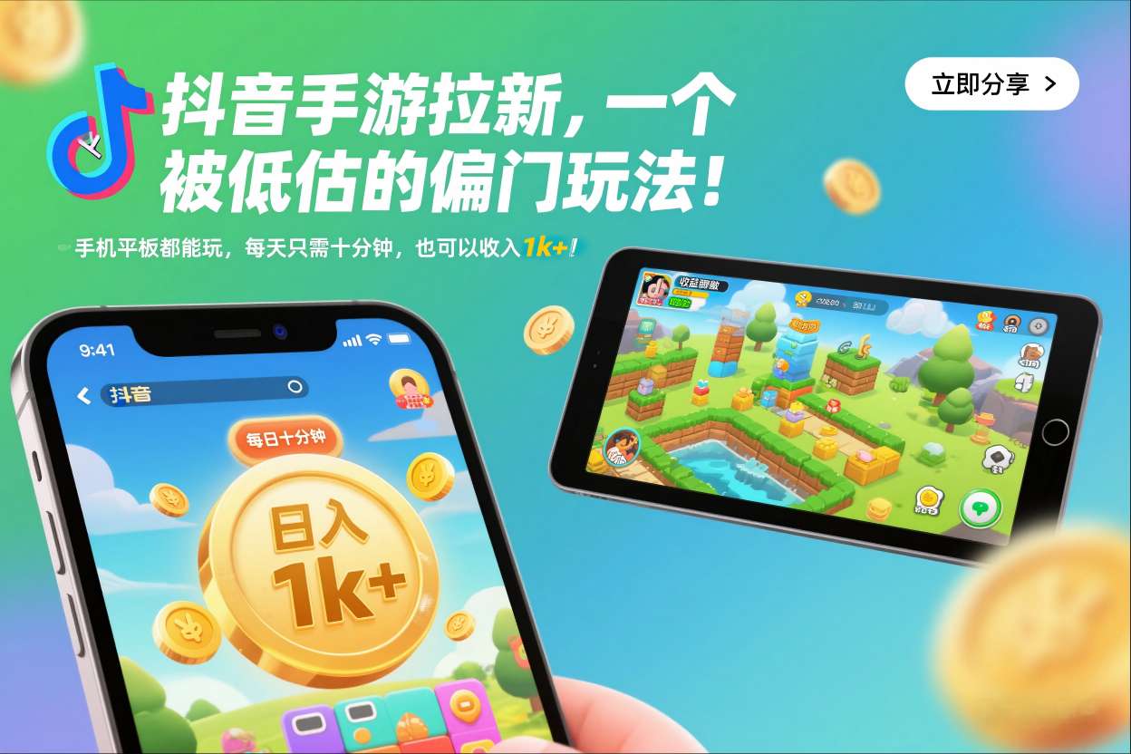 抖音手游拉新，一个被低估的偏门玩法！手机平板都能玩，每天只需十分钟，也可以收入1k+【揭秘】-鸿图网创