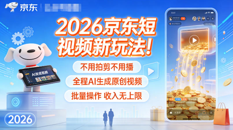 2026京东短视频新玩法！不用拍剪不用播，全程AI生成原创视频，批量操作收入无上限-鸿图网创