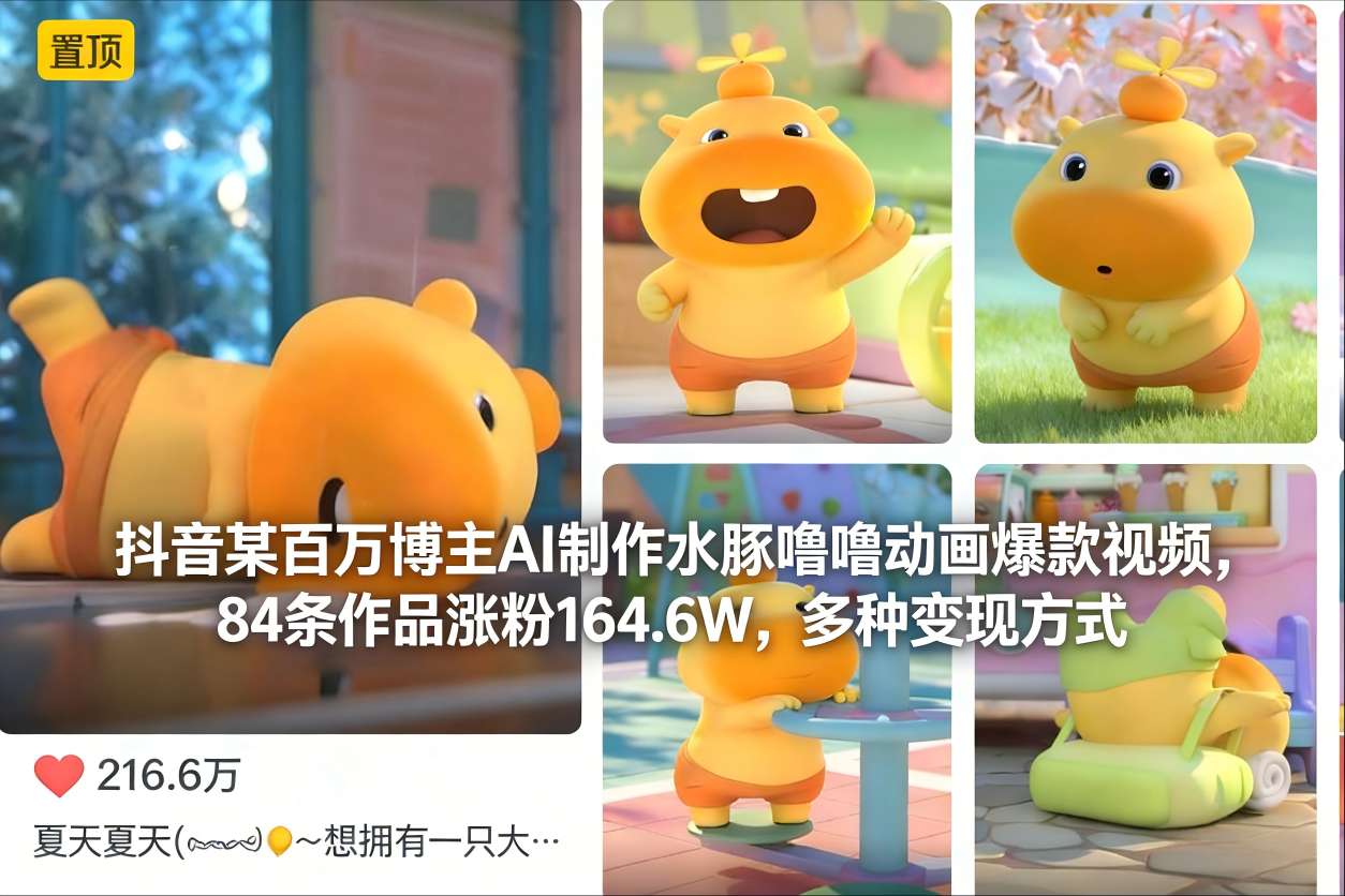 抖音某百万博主AI制作水豚噜噜动画爆款视频，84条作品涨粉164.6W，多种变现方式-鸿图网创