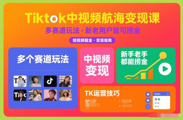 Tiktok中视频航海变现课，多个赛道玩法，新手老手都能在TK中视频捞金-鸿图网创