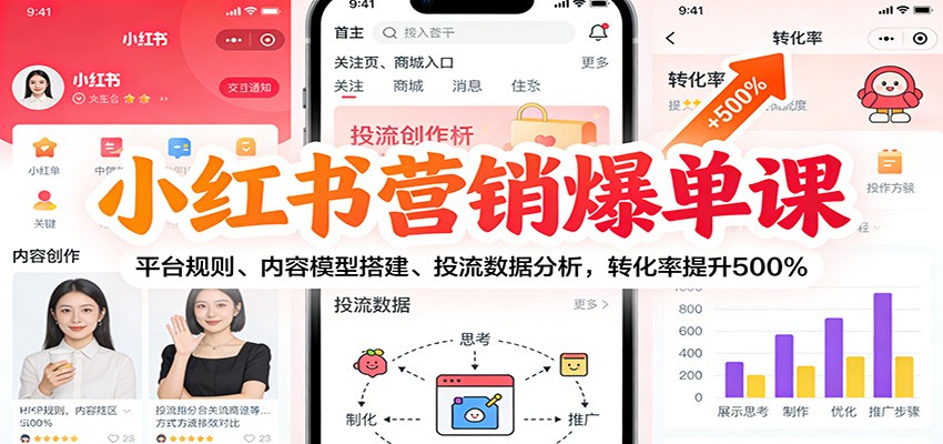 小红书营销爆单课：平台规则、内容模型搭建、投流数据分析，转化率提升500%-鸿图网创