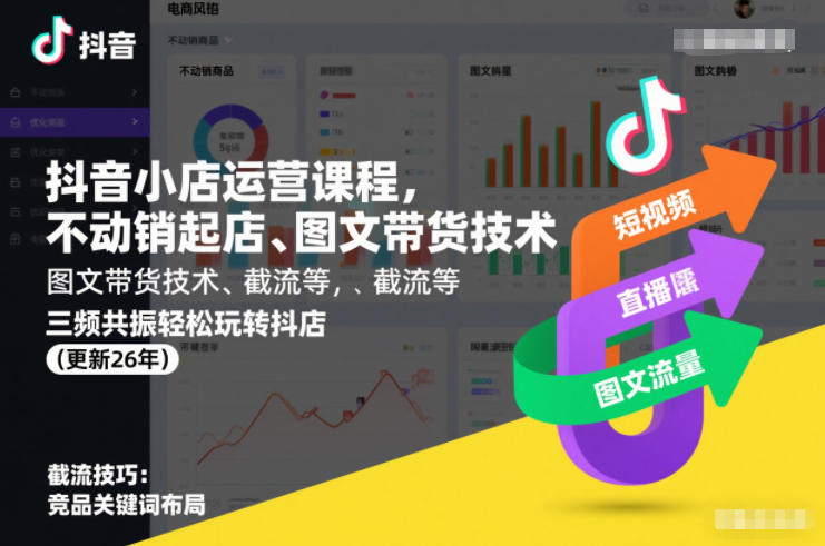 抖音小店运营课程，不动销起店、图文带货技术、截流等，三频共振轻松玩转抖店(更新26年)-鸿图网创