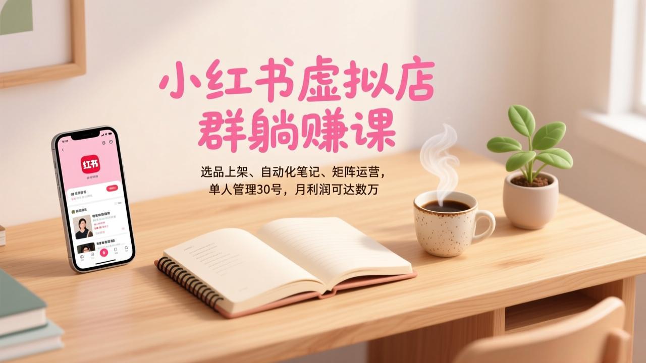 小红书虚拟店群躺赚课，选品上架、自动化笔记、矩阵运营，单人管理30号，月利润可达数万-鸿图网创