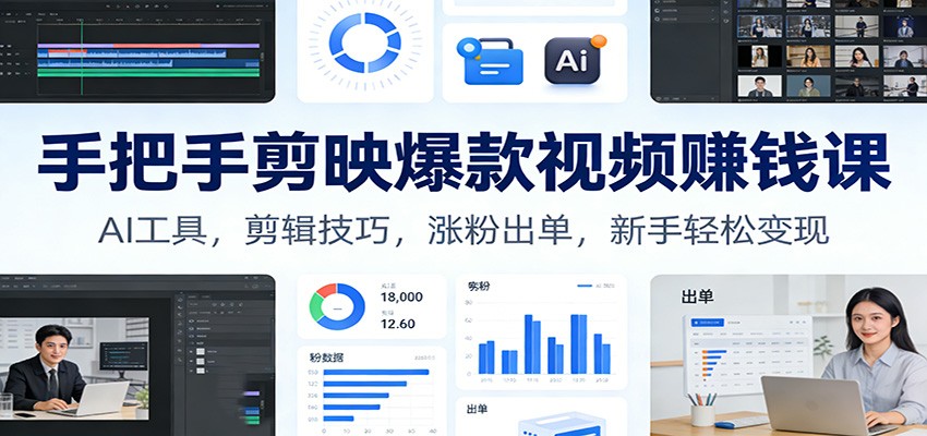 手把手剪映爆款视频赚钱课：AI工具，剪辑技巧，涨粉出单，新手轻松变现-鸿图网创