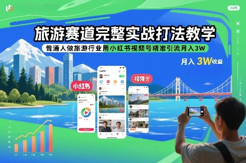 旅游赛道完整实战打法教学，普通人做旅游行业用小红书视频号精准引流月入3W-鸿图网创