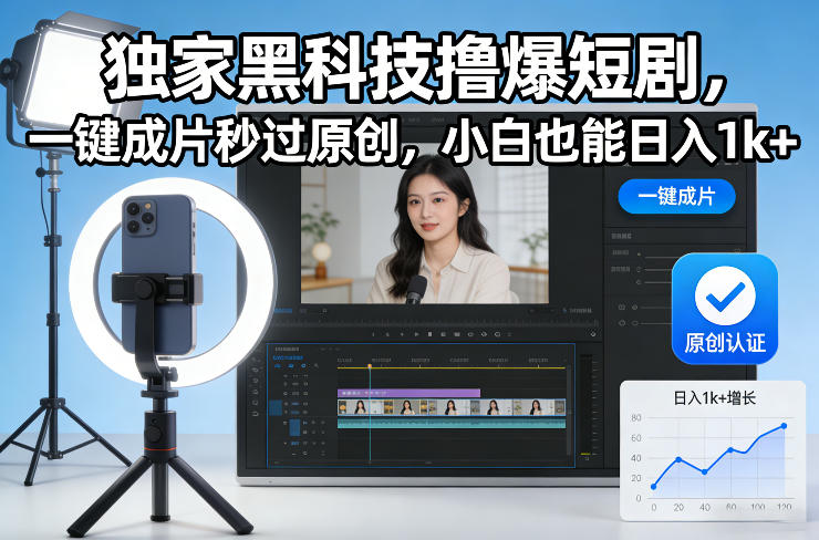 独家黑科技撸爆短剧，一键成片秒过原创，小白也能日入1k+【揭秘】-鸿图网创