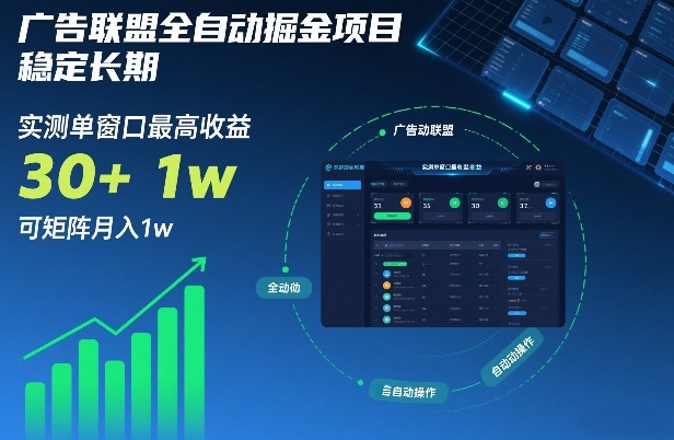 广告联盟全自动掘金项目，稳定长期，实测单窗口最高收益30+，可矩阵月入1w+【揭秘】-鸿图网创