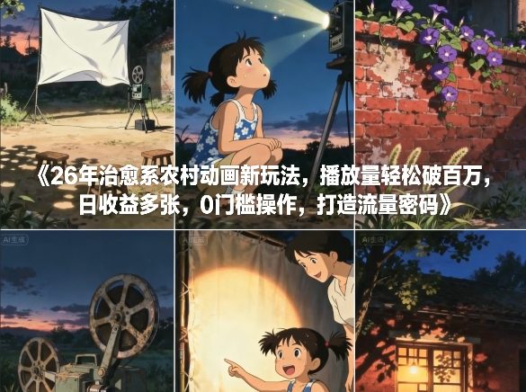 26年治愈系农村动画新玩法，播放量轻松破百万，日收益多张，0门槛操作，打造流量密码-鸿图网创
