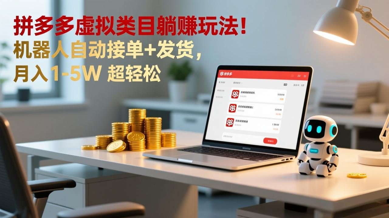 多多虚拟类目躺赚玩法！机器人自动接单+发货，月入 1-5W 超轻松-鸿图网创