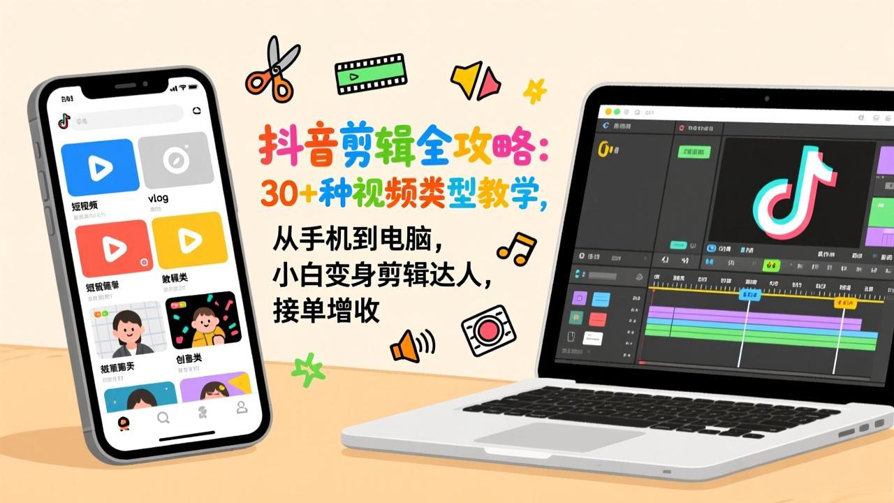 抖音剪辑全攻略：30+种视频类型教学，从手机到电脑，小白变身剪辑达人，接单增收-鸿图网创