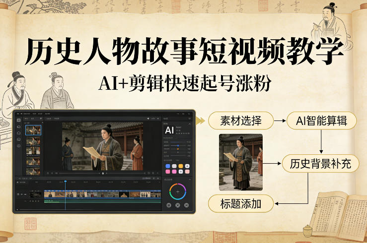 历史人物故事短视频教学，AI+剪辑制作历史人物题材短视频，快速起号涨粉-鸿图网创