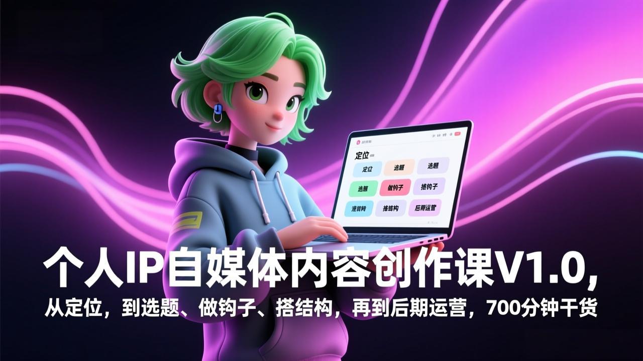 个人IP自媒体内容创作课V1.0，从定位，到选题、做钩子、搭结构，再到后期运营，700分钟干货-鸿图网创