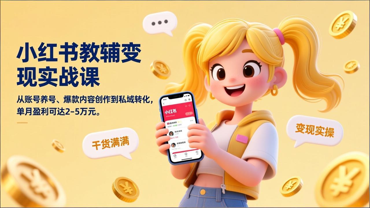 小红书教辅变现实战课，从账号养号、爆款内容创作到私域转化，单月盈利可达2-5万元-鸿图网创