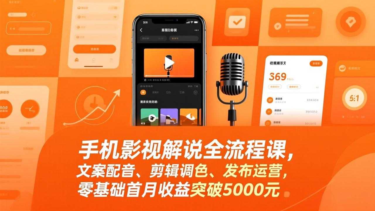 手机影视解说全流程课，文案配音、剪辑调色、发布运营，零基础首月收益突破5000元-鸿图网创
