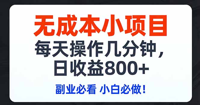 无成本小项目,每天操作几分钟,日收益800+ 副业必看 小白必做！-鸿图网创