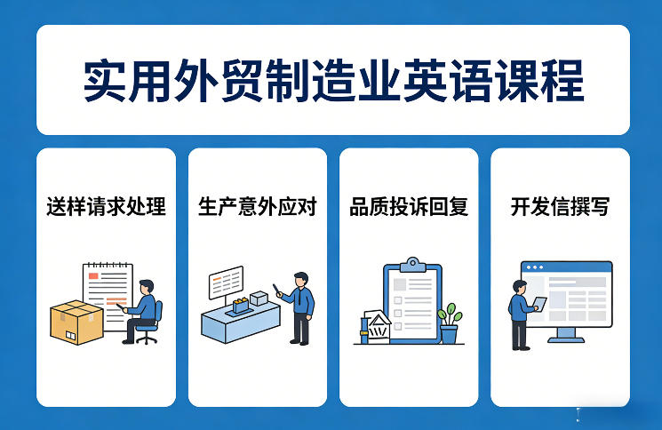 实用外贸制造业英语课程，教你专业处理送样请求、应对生产意外、回复品质投诉、撰写开发信等-鸿图网创