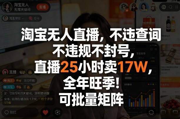 淘宝无人直播，不违规不封号，直播25小时卖17W，全年旺季！可批量矩阵【揭秘】-鸿图网创