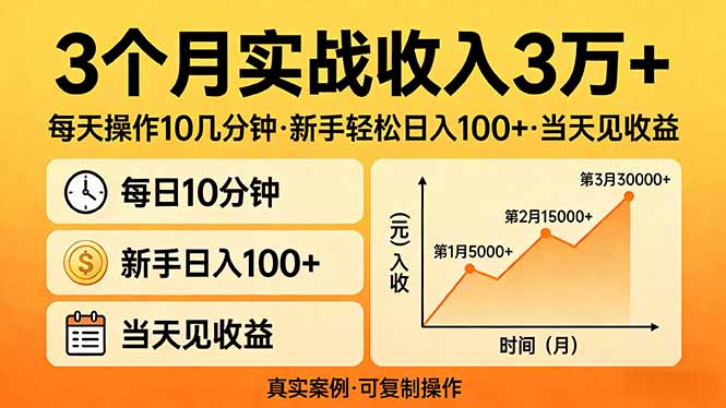 3个月实战收入3万+，每天操作10几分钟，新手轻松日入100+，当天见收益-鸿图网创