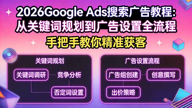 2026Google Ads搜索广告教程：从关键词规划到广告设置全流程，手把手教你精准获客-鸿图网创