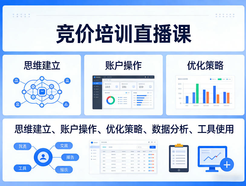 竞价培训直播课，覆盖思维建立、账户操作、优化策略、数据分析、工具使用等，全方位提升效果-鸿图网创
