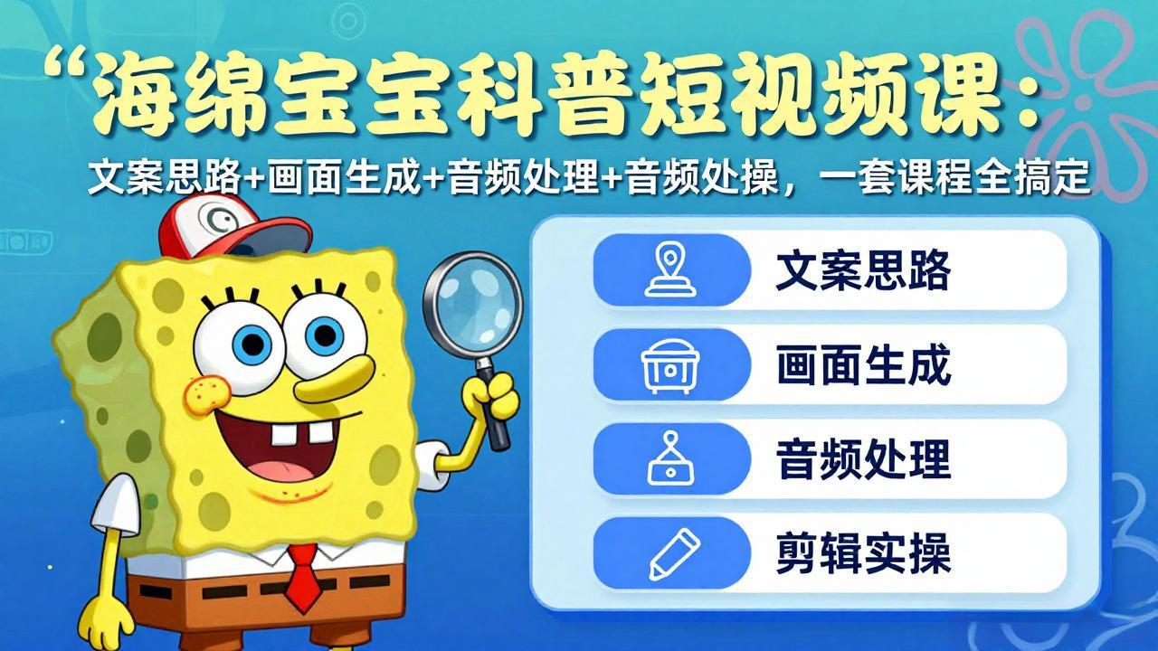 海绵宝宝科普短视频课:文案思路+画面生成+音频处理+剪辑实操,一套课程全搞定-鸿图网创