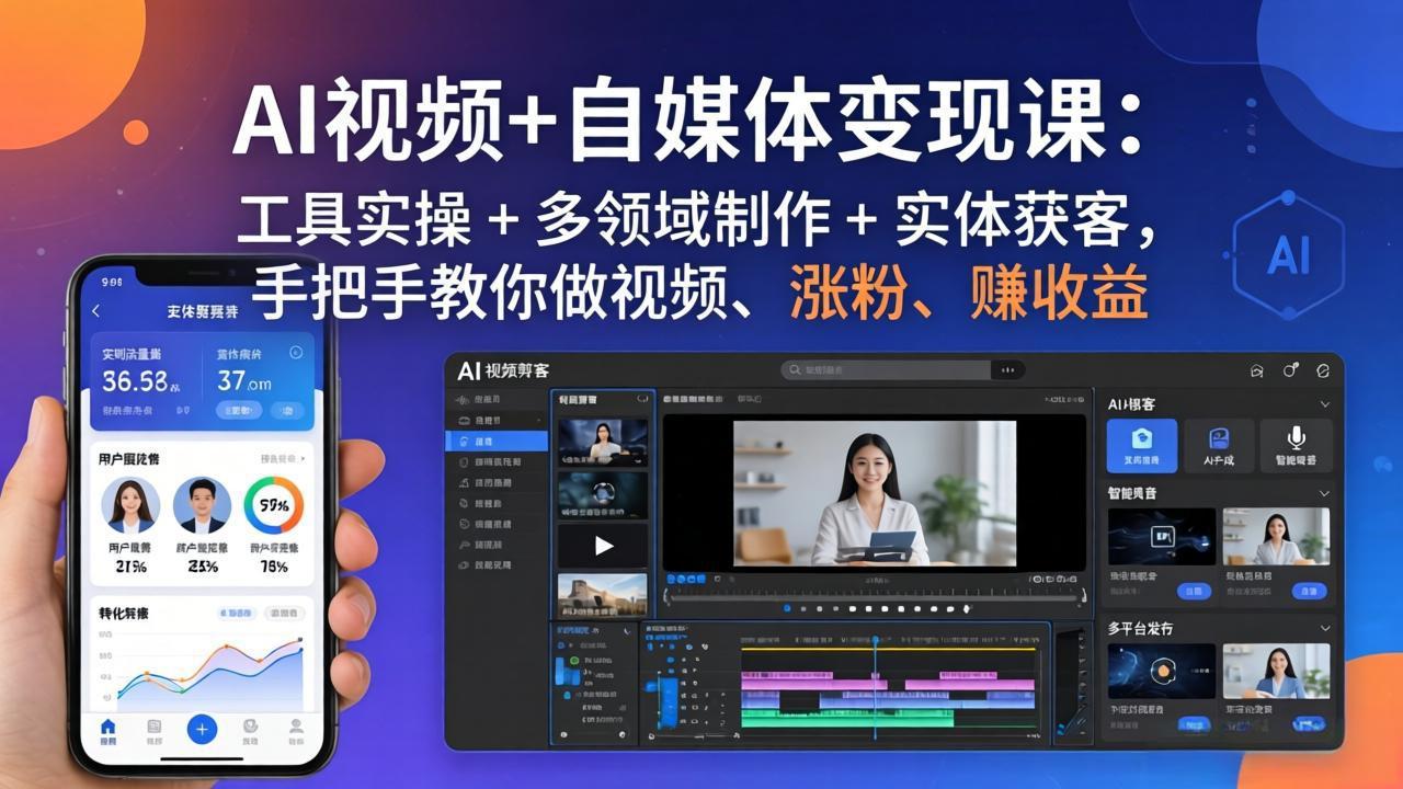 AI视频+自媒体变现课：工具实操 + 多领域制作 + 实体获客，手把手教你做视频、涨粉、赚收益-鸿图网创