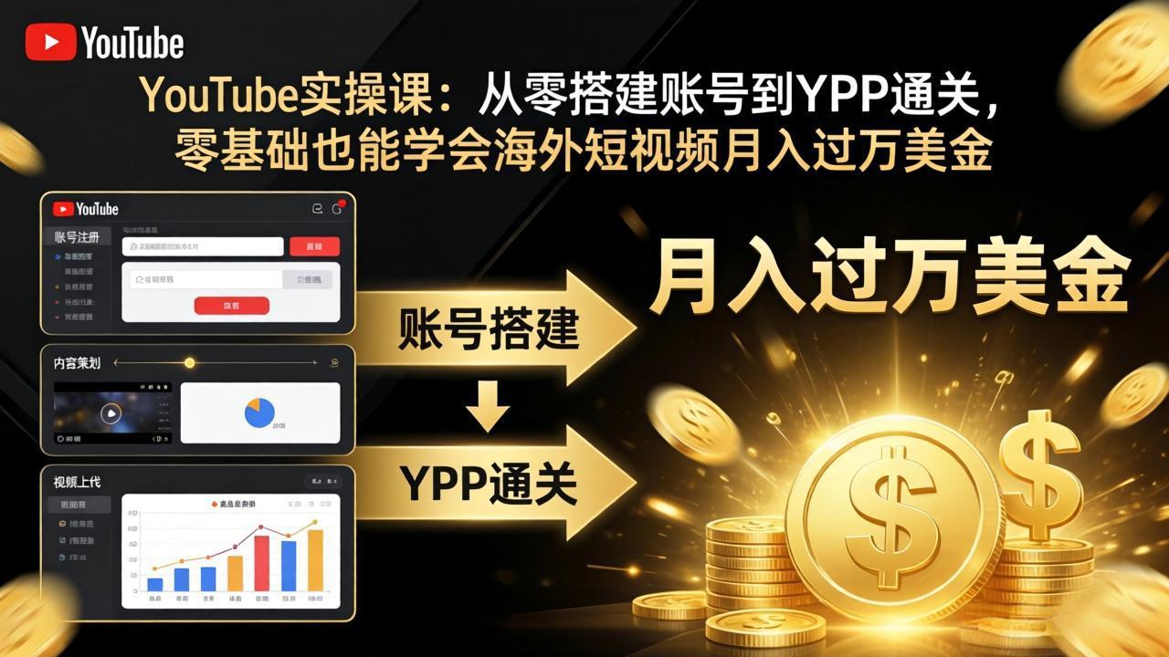 YouTube实操课:从零搭建账号到YPP通关,零基础也能学会海外短视频月入过万美金-鸿图网创