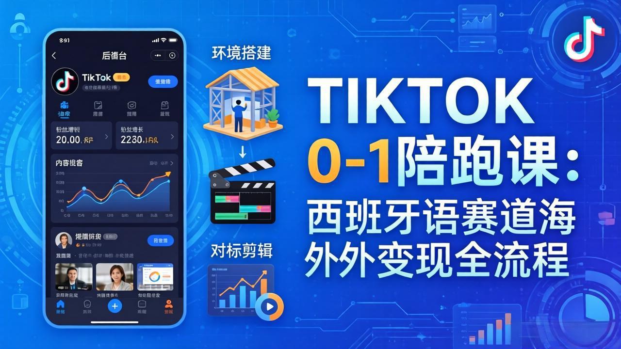 TIKTOK 0-1 陪跑课:从环境搭建到刷对标剪辑,西班牙语赛道海外变现全流程-鸿图网创