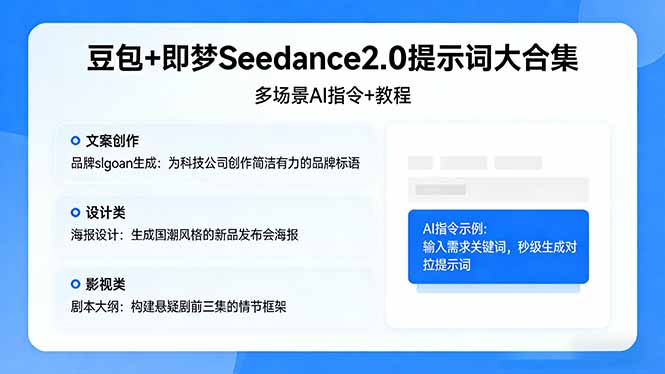 豆包+即梦Seedance2.0提示词大合集：多场景AI指令+教程，解锁文案、设计、影视高效创作-鸿图网创