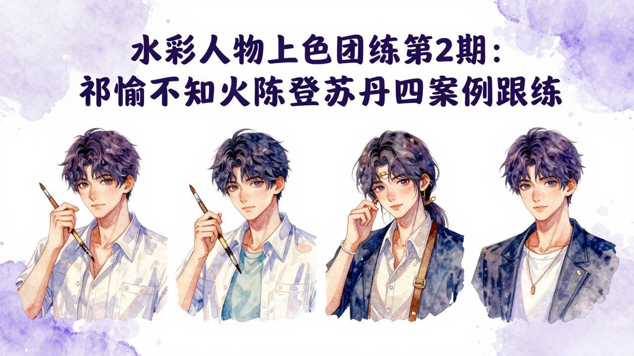 水彩人物上色团练第2期：祁煜不知火陈登苏丹四案例跟练，手把手提升绘画能力-鸿图网创