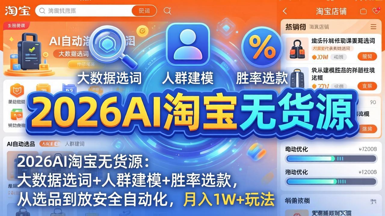 2026AI淘宝无货源-4月更新：大数据选词+人群建模+胜率选款，从选品到放大全自动化，月入1W+玩法-鸿图网创