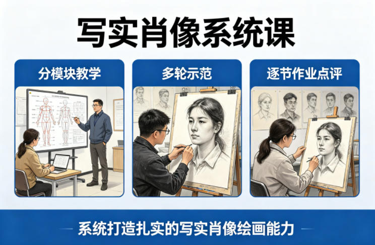 写实肖像系统课,全程分模块教学+多轮示范+逐节作业点评,系统打造扎实的写实肖像绘画能力-鸿图网创