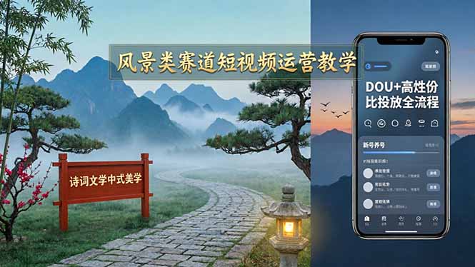 风景类赛道短视频运营教学：诗词文学中式美学，新号养号对标账号定位，DOU+高性价比投放全流程-鸿图网创