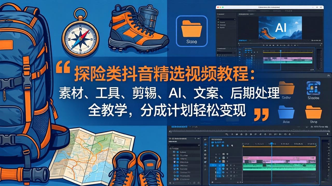 探险类抖音精选视频教程：素材、工具、剪辑、AI、文案、后期处理全教学，分成计划轻松变现-鸿图网创