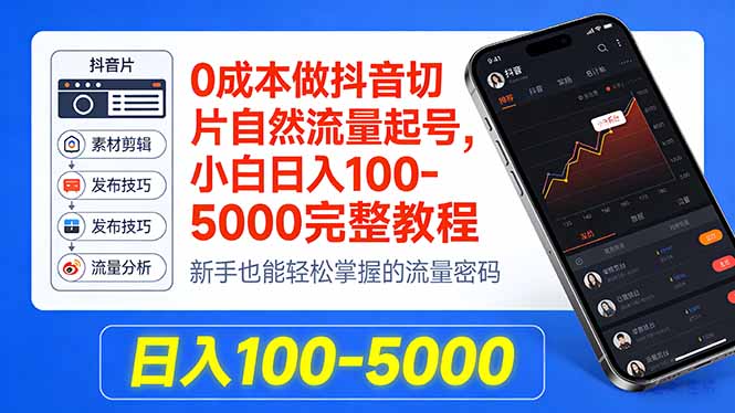 0成本做抖音切片自然流量起号，小白日入100-5000完整教程-鸿图网创